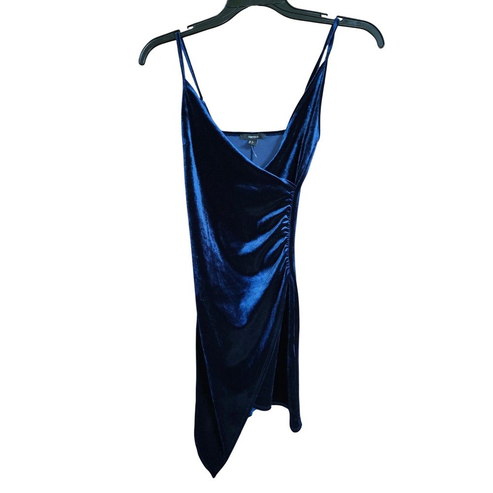 Forever 21 Navy Blue Velvet Mini Dress Ruched Asymmetrical Hem‎ Sleeveless Small